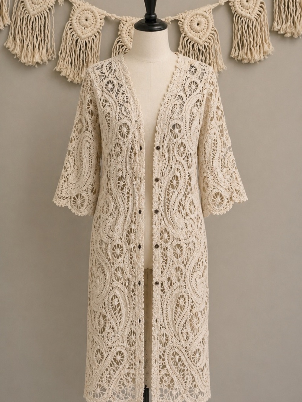 Beige Crochet Cotton Cardigan